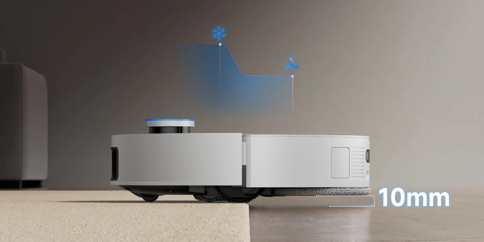 Robot aspirador con mopa levadiza para proteger las alfombras de la humedad