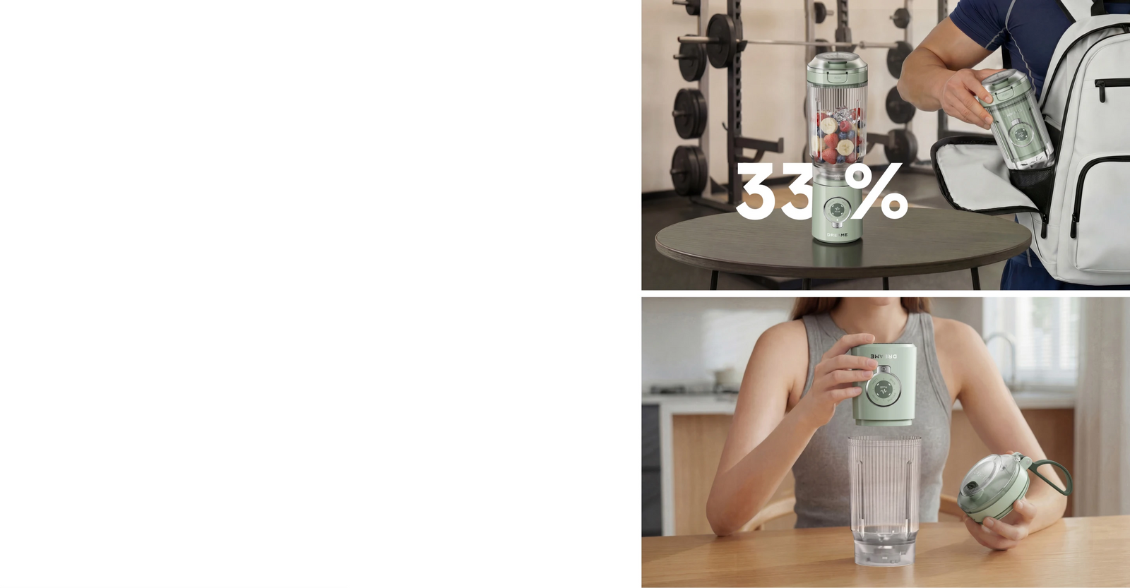 Comparativa que muestra cómo la base extraíble de Dreame Portable Blender ahorra un 33 por ciento de espacio

Usuario guardando la base del motor de Dreame Portable Blender dentro del vaso para ahorrar espacio